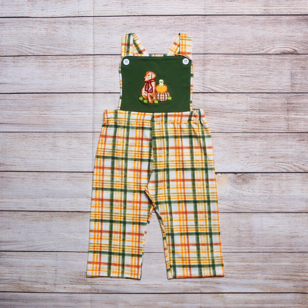 

Summer Clothes Boy Yellow Check Sleeveless Strap Dog And Pumpkin Embroidery Pattern Toddler Romper