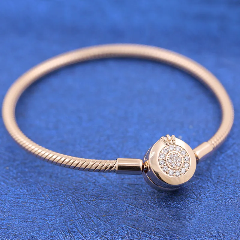 

Rose Gold Plated Sparkling Crown O Snake Chain Bracelet With Clear CZ For Women Fit Original Pandora Charm Beads Jewelry