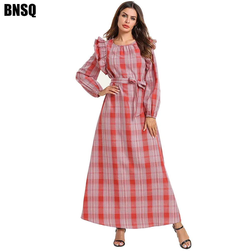 

BNSQ Red Plaid Muslim Dress Ruffled Lace-Up Waist Women Casual Maxi Abaya Caftan Kaftan Moroccan Dubai Robe Indian Dresses