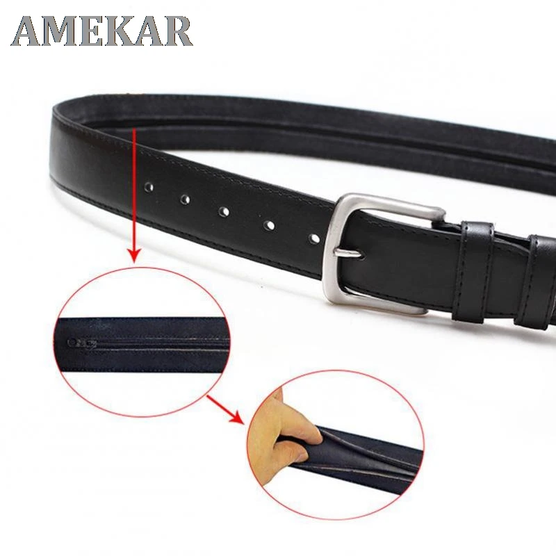 Luxury Designer Men Zipper Leather Belt Environmental Protection Pu Inner Clip Anti-theft Zipper Wal