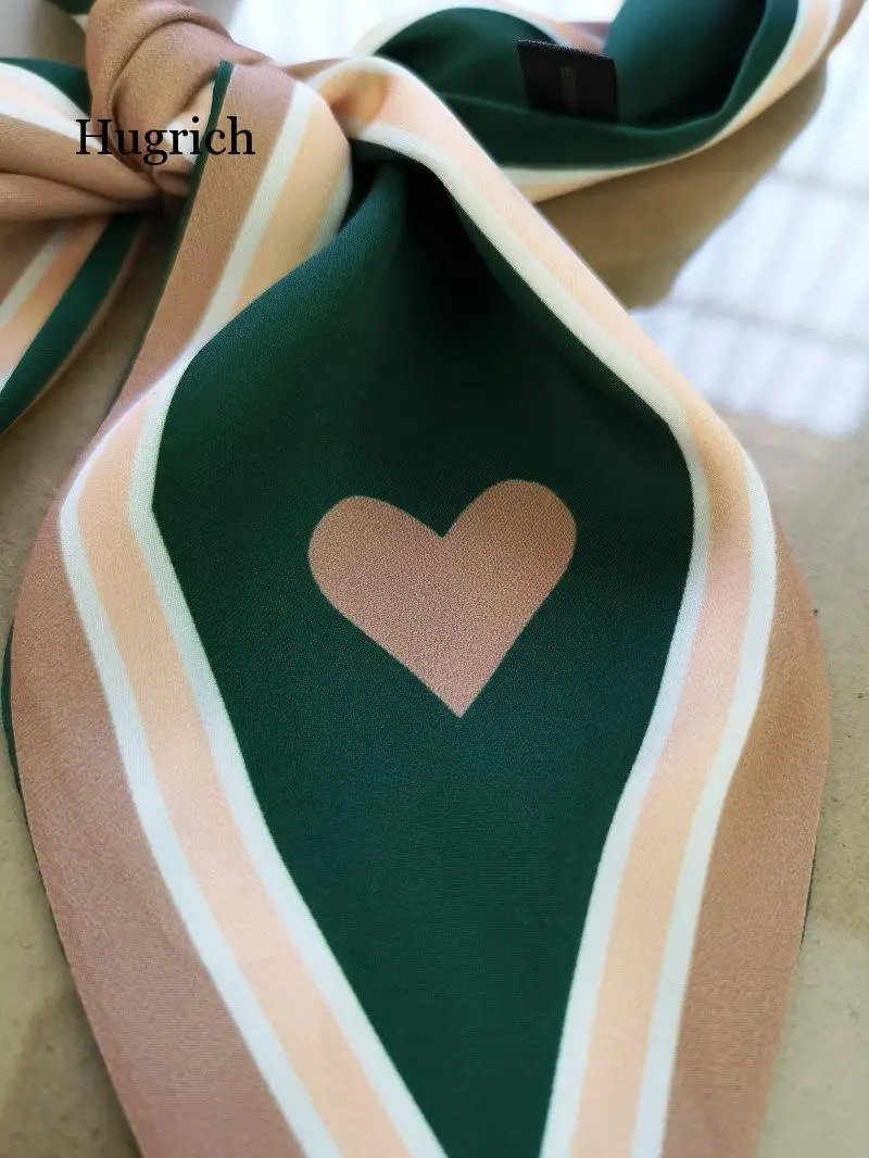

Sweet Love Print Women Small Silk Scarf Handle Bag Ribbons Female Head Scarves Sharp Angle Green 90*10Cm