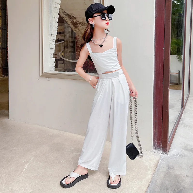 2022 Summer New Casual Outfit Girls Solid White Vest Tops+ Straight Pants 2pcs Set Teenage Children Stylish Elegant Clothing Set