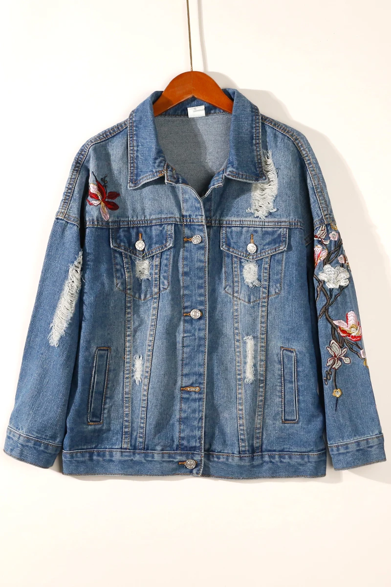 

Embroidered denim jacket female long sleeve loose large size hole Harajuku style denim clothing embroidered jacket top