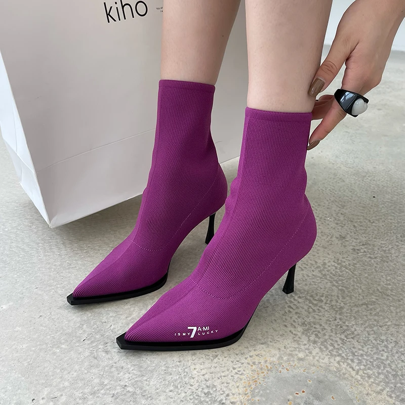 

Вязаные ботинки с острым носком, женские ботильоны на тонком высоком каблуке, фиолетовые/черные/белые, вязаные короткие ботинки, Размеры 35-39