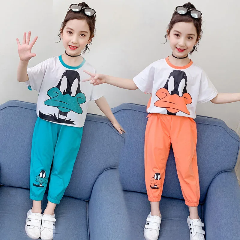 

2021 summer teenager baby kids girl Clothes Hoodie tracksuit duck loose short t Shirt + capri pants 3 4 5 6 7 8 9 10 11 12 Year