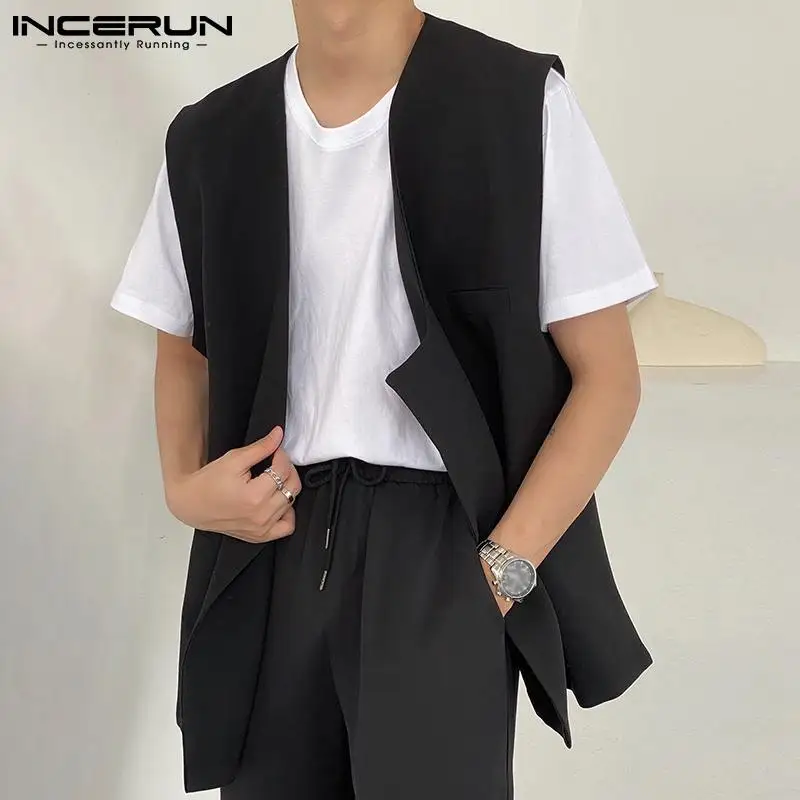 

INCERUN Solid Color Men Vests V Neck Sleeveless 2021 Pockets Open Stitch Casual Waistcoats Streetwear Retro Outerwear Men S-5XL