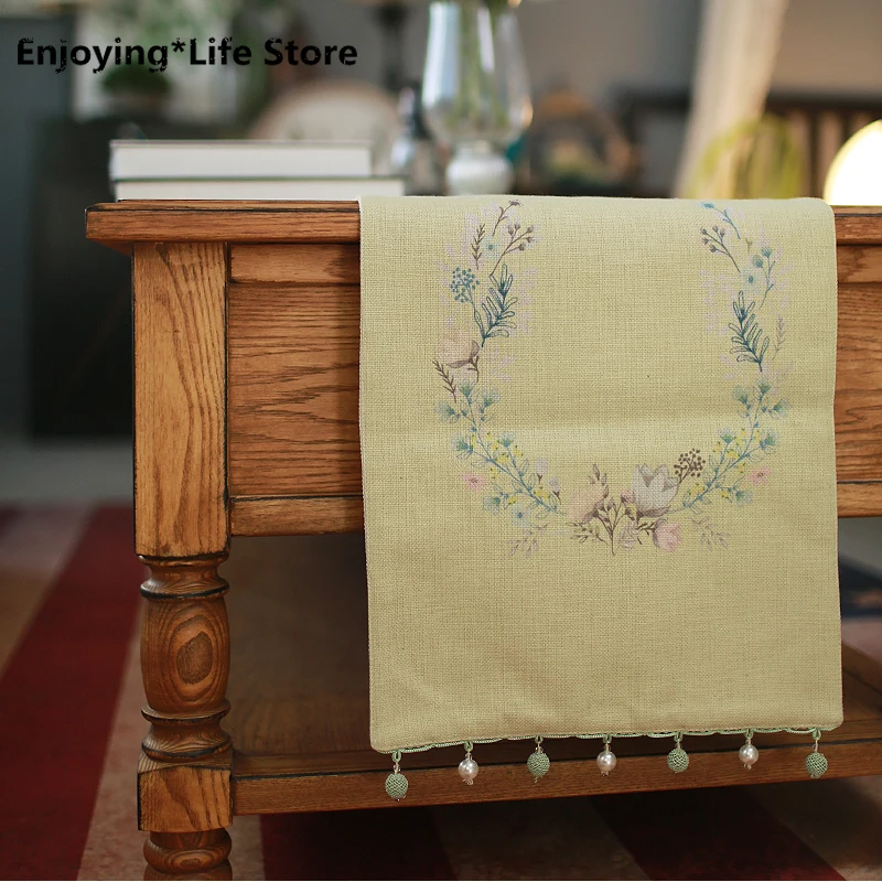 

American Pastoral Style Table Runner High Quality Two-layer Cotton Linen Tablecloth Runner with Bead Decoration for Wedding