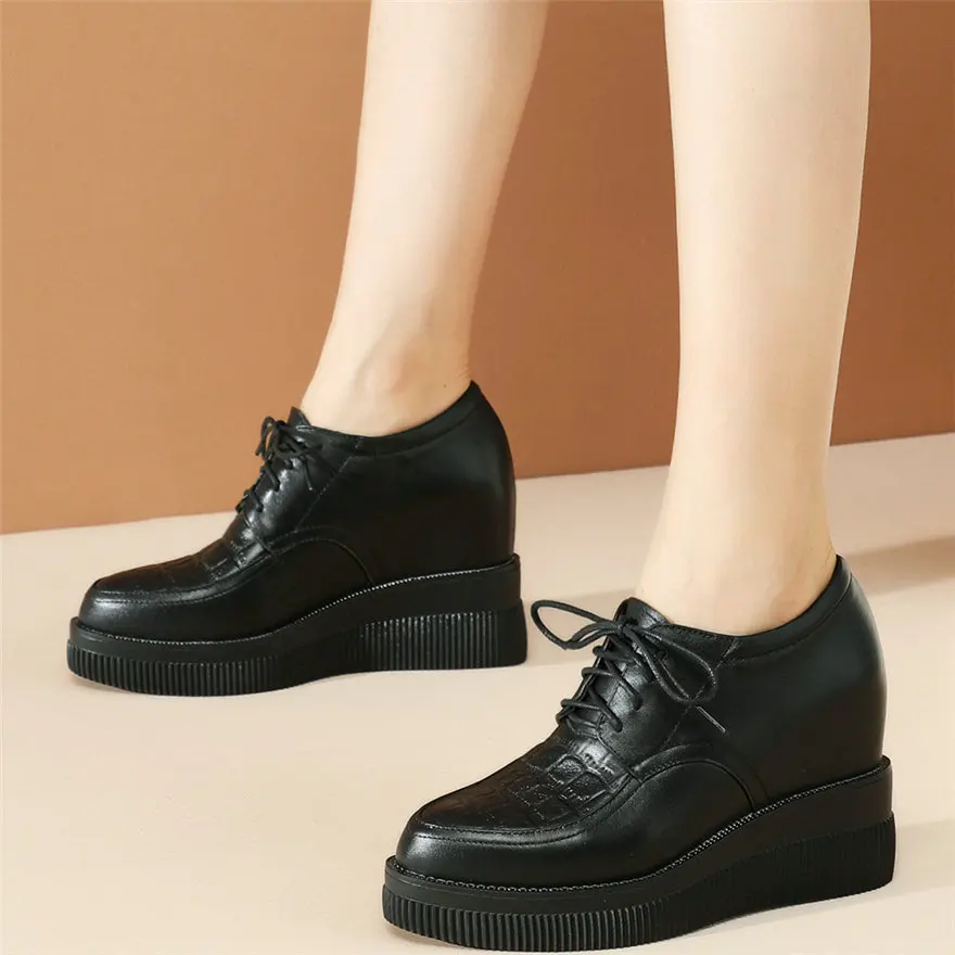 Casual Shoes Women Genuine Leather Wedges High Heel Ankle Boots Female Lace Up Pointed Toe Fashion Sneakers Low Top Trainers