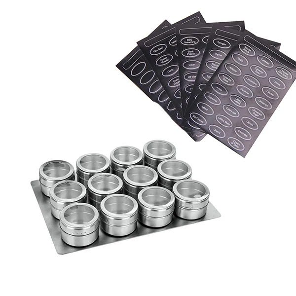 12pcs 6/9/12 шт Магнитный емкости для хранения специй Нержавеющая сталь соль банки перец шейкеры специи стойка для банок органайзеры контейнер с базой этикетки - Цвет: 12pcs
