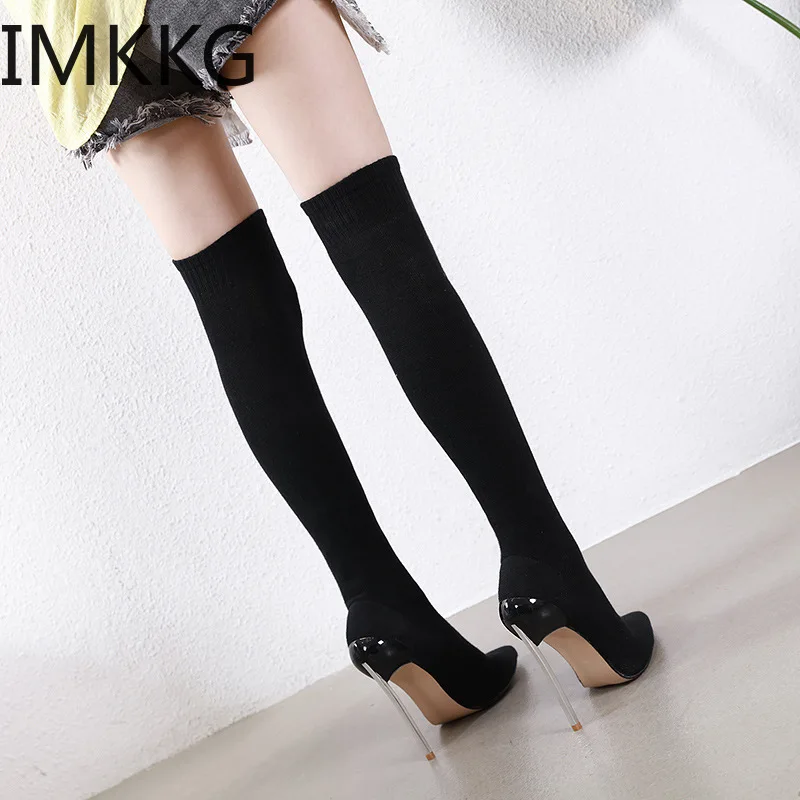 Сапоги выше колена на ультратонком каблуке 12 см с острым носком | Обувь