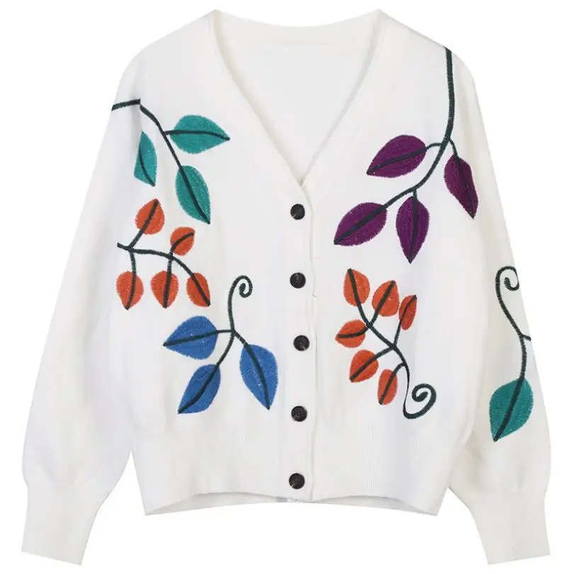 

2021 Autumn Winter Sweaters Women O-Neck Long Sleeve Loose Casual Single Breasted Cardigan Flowers Floral Knitted Y2k Tops w682