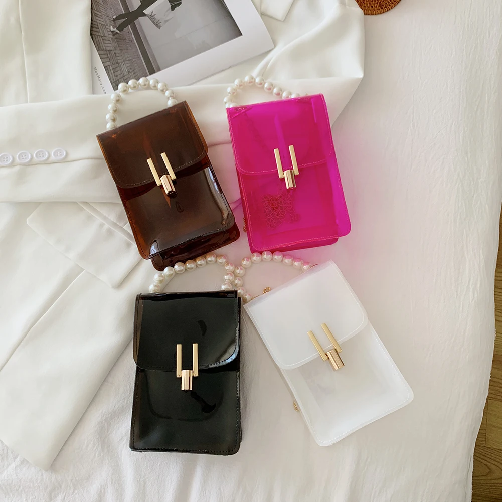 

Fashion Women Transparent Solid Color Shoulder Crossbody Messenger Bag Casual Ladies Pearl Chain Mini Flap Handbag Purse