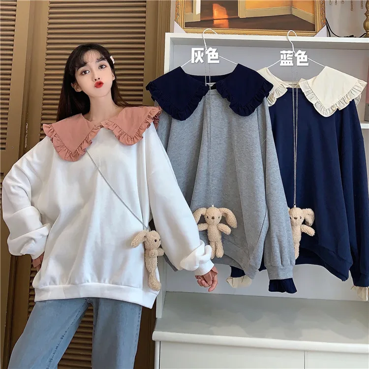 

Oversize Peter Pan Collar Sweatshirts 2020 Autumn Fashion Ladies Elegant Loose Pullovers Female Cute Sweatshirt Women Chic Shirt