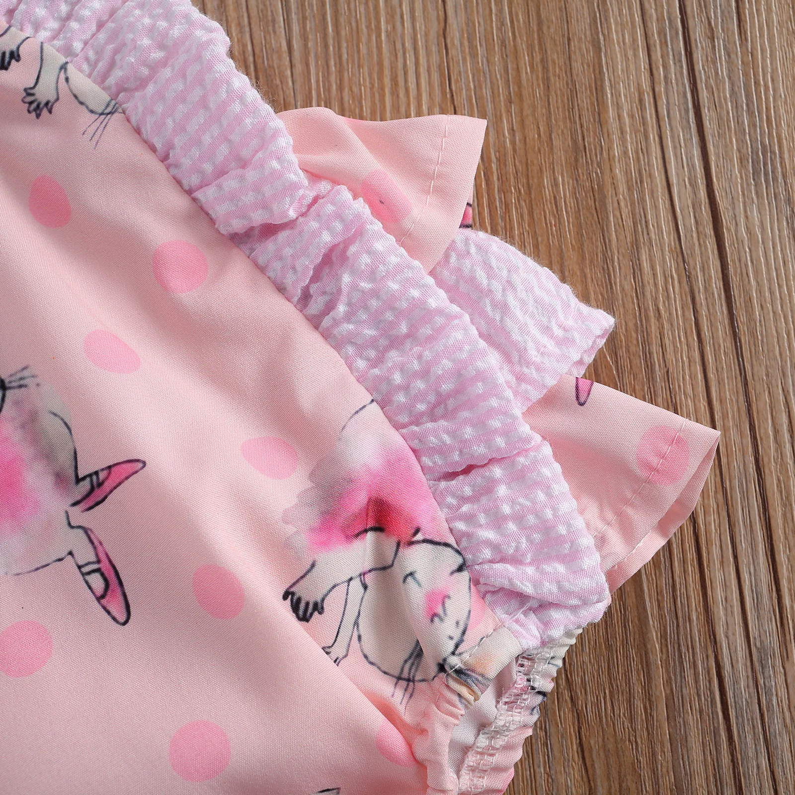 

2020 New Summer 0-24M Toddler Baby Girl Dance Rabbit Print Pink Bodysuit Back Multi Ruffled Sleeveless Button Dots Infant