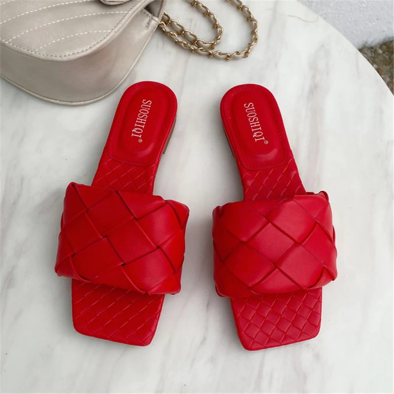 Женские шлепанцы из плетеной кожи синие или фиолетовые повседневные с открытым