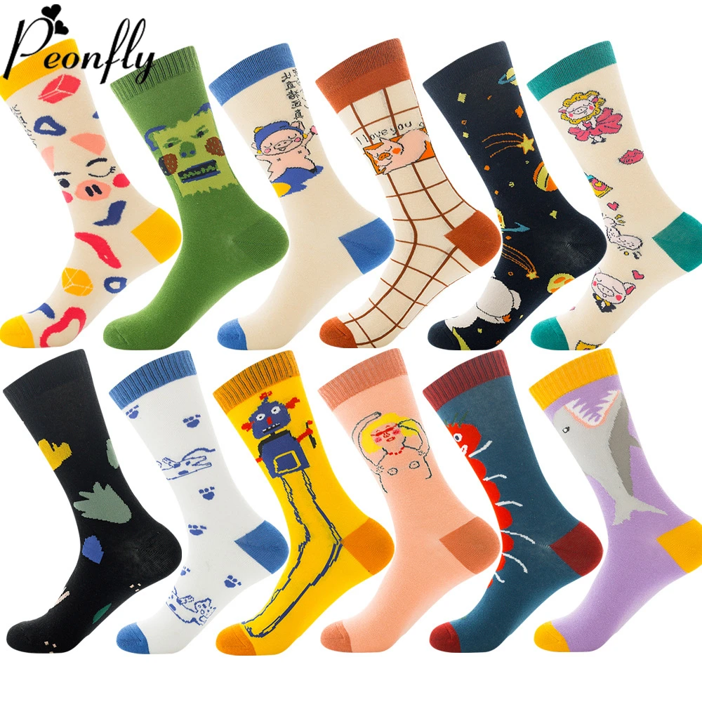 

Peonfly Cartoon Funny Animal Pig Shark Printed Novelty Casual Combed Cotton Harajuku Happy Socks Men