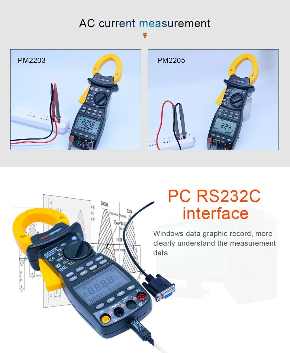 Цифровой MS2203 AC мощность клещи True RMS мультиметр AC/DC Напряжение Ток активный кажущаяся Реактивная мощность частота тестер