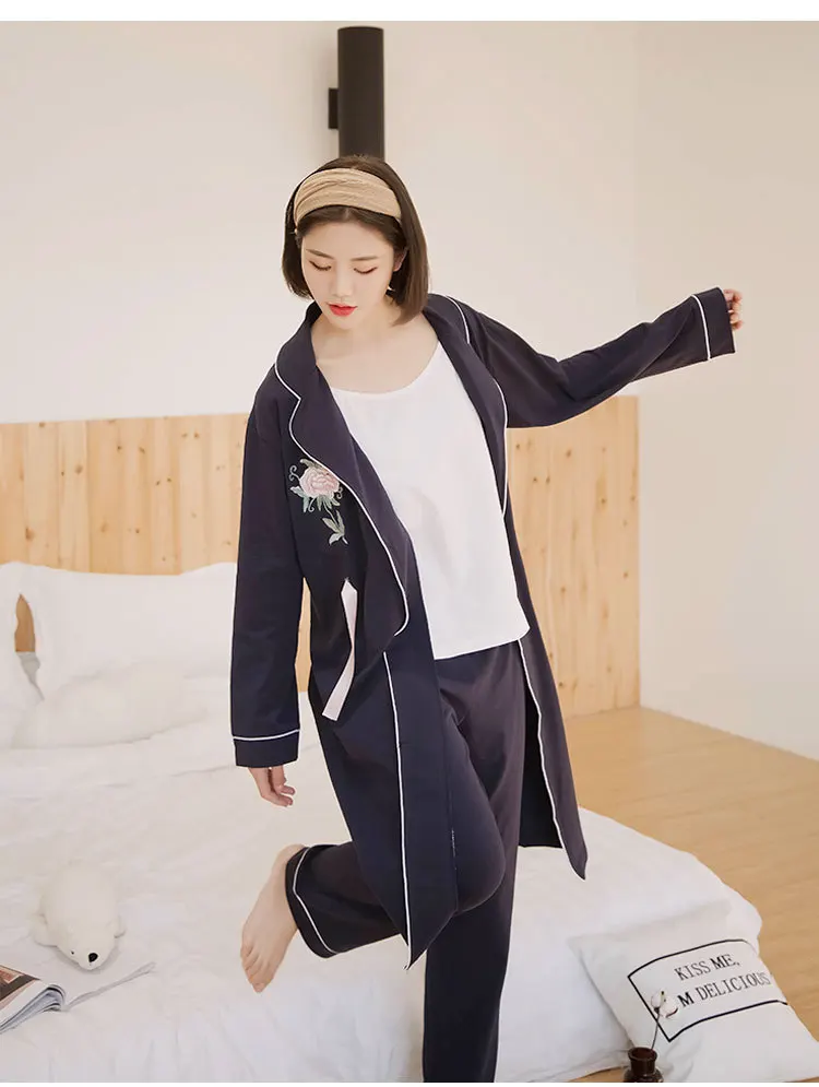

Autumn Three-Piece Pajamas Women Autumn Long-Sleeved 100% Cotton Sexy Embroidery Rose Trousers Sleepwear Home Service Suit