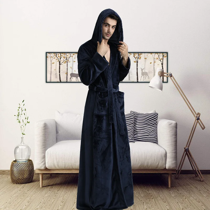 women hooded navy Фланелевый Халат для влюбленных размера плюс, удлиненный теплый Халат с капюшоном для мужчин и женщин, плотное зимнее кимоно, банный халат, мужской халат, халаты - Цвет: women hooded navy