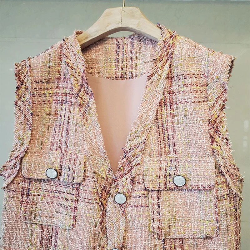 

Plaid Tweed Jackets Women V-Neck Single Breasted Sleeveless Jacket Coat Spring Loose Woolen Outwear Elegant Vintage Luxury B838