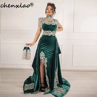 chenxiao evening dresses green mermaid square neck velour slit muslim gold appliques tassel kaftan detachable tail exquisite