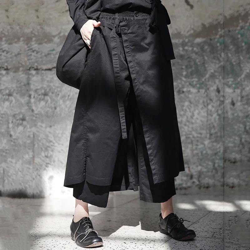 [EAM] 2021 New Spring High Elastic Waist Black Loose Vent Loose Long Wide Leg Pants Trousers Women Fashion Tide JI084