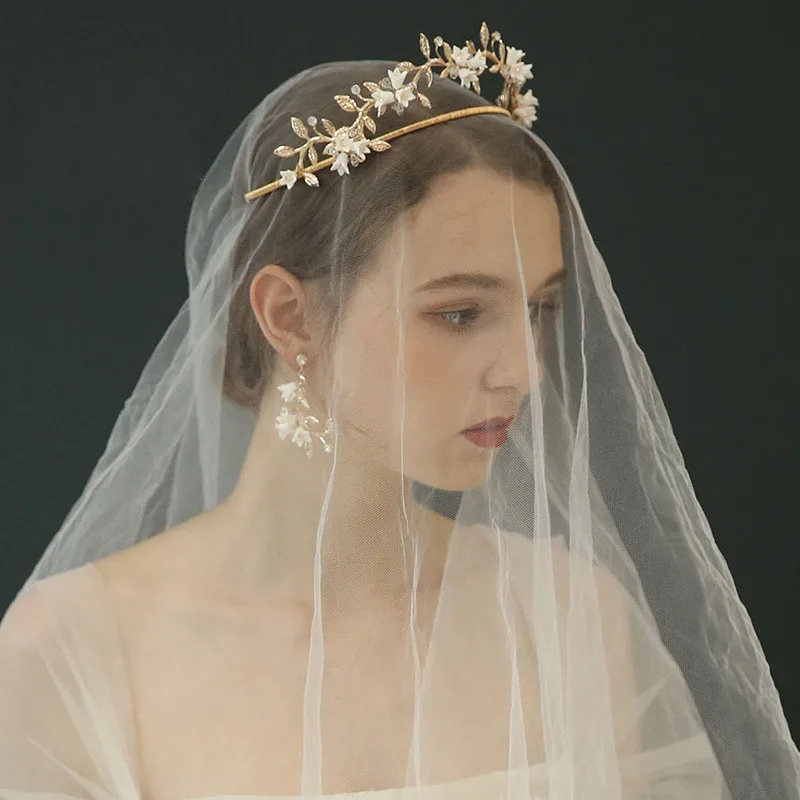 SLBRIDAL золотой сплав стразы керамика цветок свадебная тиара серьги набор