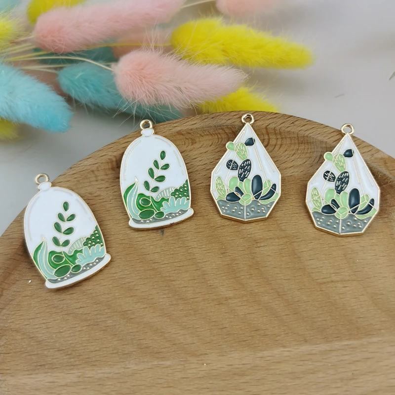 10 шт. эмаль Противоударная заданяя рисунком кактуса в горшке и металлическими