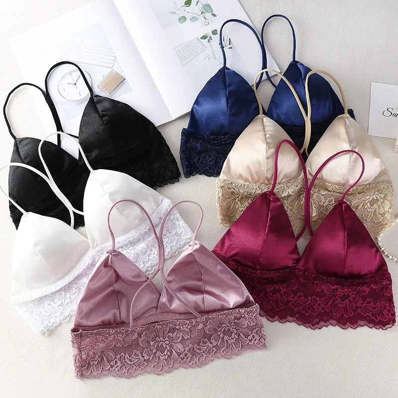 

Sexy Crop Top Women Satin Silk Camis Bralette Beauty Back Lace Tube Top Strap Padded Bra