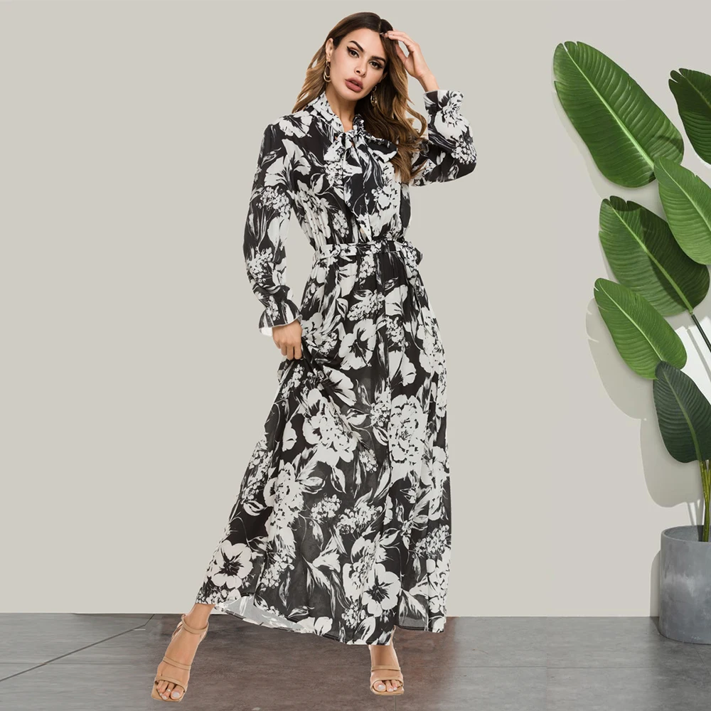 Женское шифоновое платье Siskakia офисное с бантом на воротнике и длинным рукавом