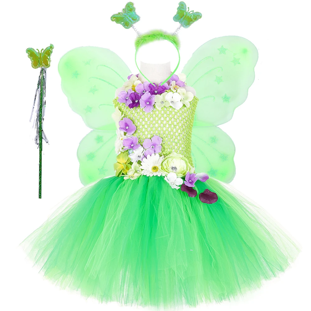 

Green Fairy Girls Tutu Dress with Wings Flower Girl Princess Dresses Outfit Kids Birthday Halloween Costume Children Fancy Tutus
