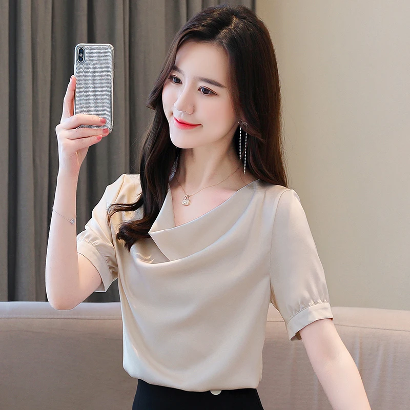 

2020 Summer New Fashion Women Tops And Blouses Short Sleeve Satin Chiffon Shirts Folded Collar Casual Lady Loose Clothes Blusas