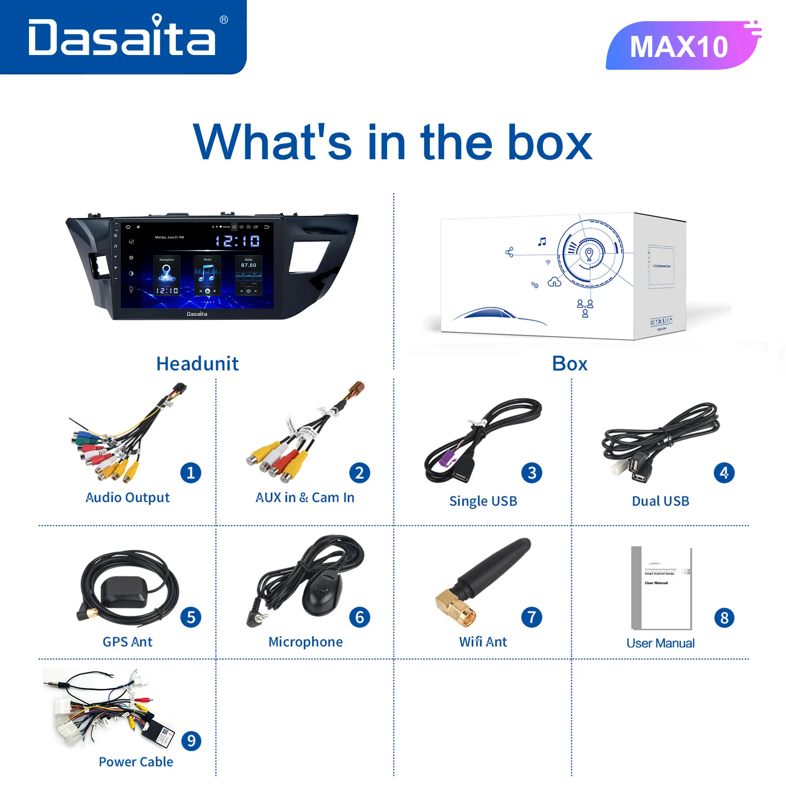 Мультимедийный автомобильный плеер Dasaita 10.2" Android 10 для Toyota Corolla 2014 2015 TDA7850 с мультитач-экраном 4 ГБ 2дин без DVD.