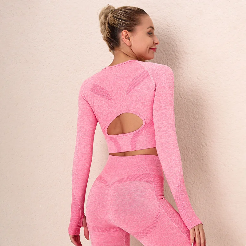 

2PCS Seamless Women Yoga Set Hollow Out Knitting Breathable Run Sports Tops Quality Hip Lift Leggings for Gym Roupas Femininas