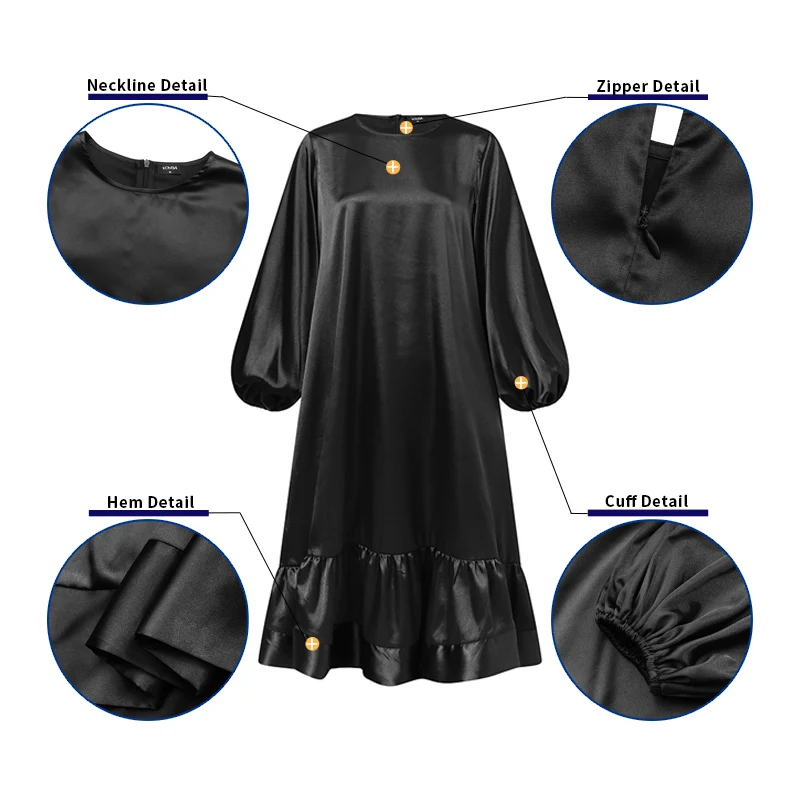 

Summer Solid Pleated Midi Dress VONDA Casual Puff Sleeve O Neck Pleated Ruffled Hem Bohemian Vestidos Plus Size Loose Sundress