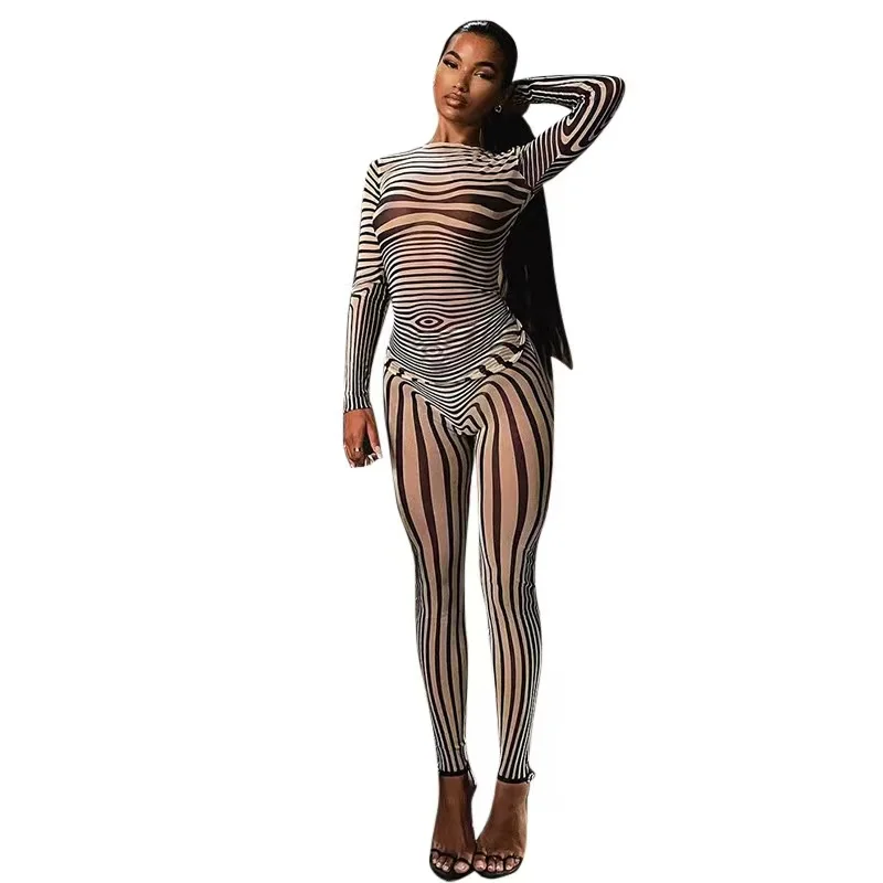 

Женский комплект из двух предметов с сетчатыми полосками, сексуальный хипстерский комплект для коррекции фигуры в стиле High Street с длинным ру...