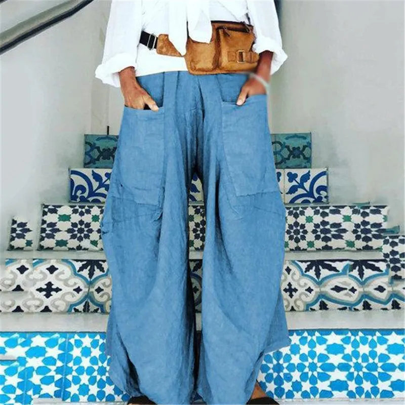 

Women Autumn Elastic Waist Double Pocket Pants Solid Long Trousers Vintage Wid Leg Pants Loose Turnip Pantalon Casual