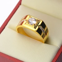 luxury 24k gold plated ring for men gentleman diamond zircon engagement wedding ring open resizable yellow gold finger ring