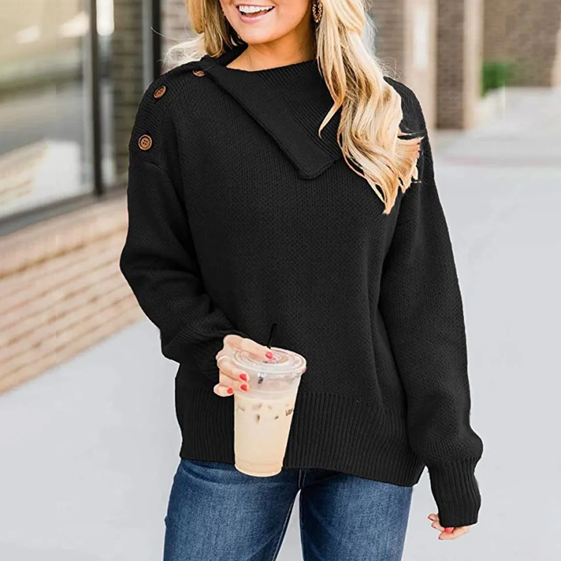 LASPERAL Women Sweaters Loose Pullover Minimalist Knitted Turndown Collar Autumn Winter Ladies Vintage Jumpers Tops | Женская одежда
