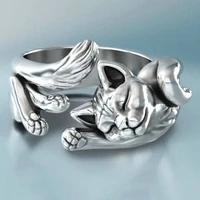 korean version white gold color simple cute kitten opening adjustable ring female archaize animal cat ring for women wholesale