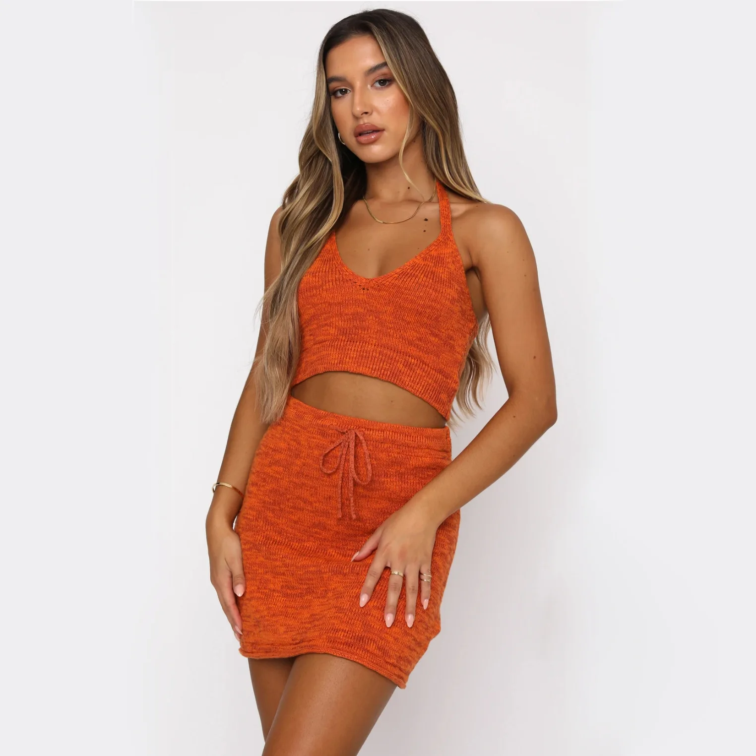 

Cryptographic Halter Sexy Knitted Sweater Top and Mini Skirt 2 Piece Sets Fashion Outfits Matching Set Club Party Skirt Sets