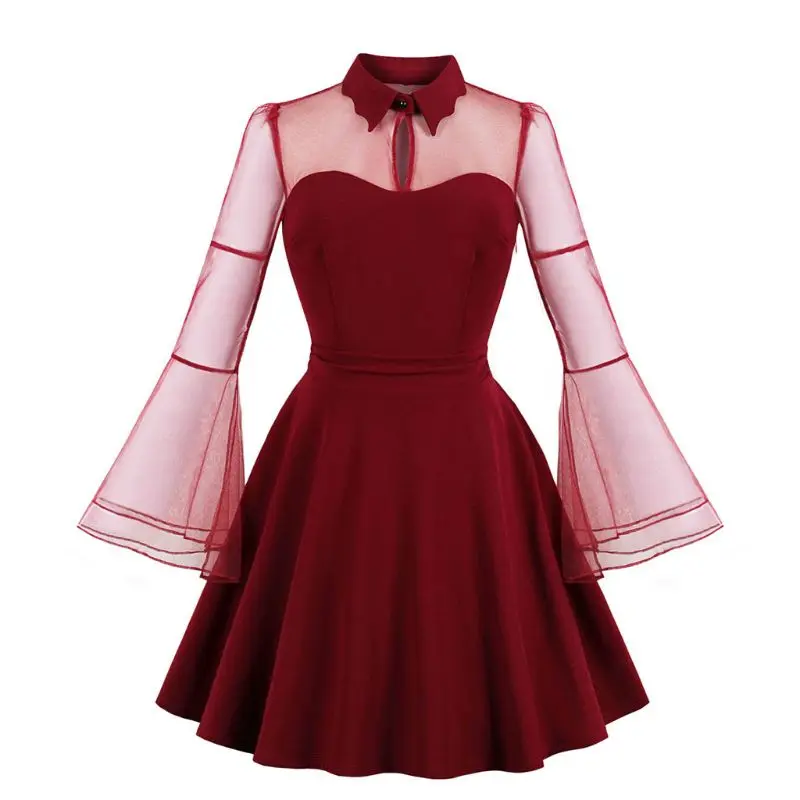 

Women Bell Sleeve Vintage Swing Dress Gothic Keyhole Mesh Patchwork Party Wear H05D