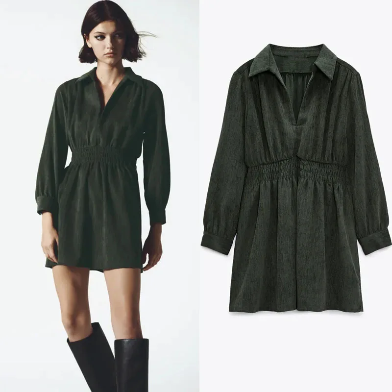 

Женское вельветовое платье-рубашка Za, зеленое короткое винтажное Плиссированное офисное платье с длинным рукавом и поясом на резинке, 2021