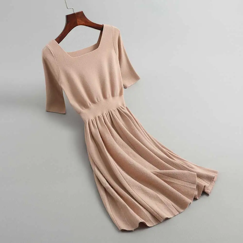 

Women Pleated Hem Causal Dress Slim Waist Women Dress Female Knitted Winter Dress Women Pure Color Half Sleeve High Waist