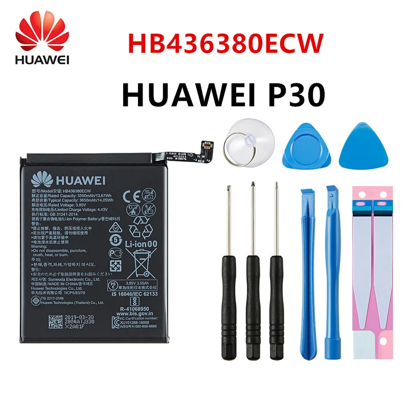 

100% Orginal Huawei HB436380ECW 3650mAh Battery For HUAWEI P30 ELE-L09 ELE-L29 ELE-AL00 ELE-TL00 Mobile Phone Batteries+Tools