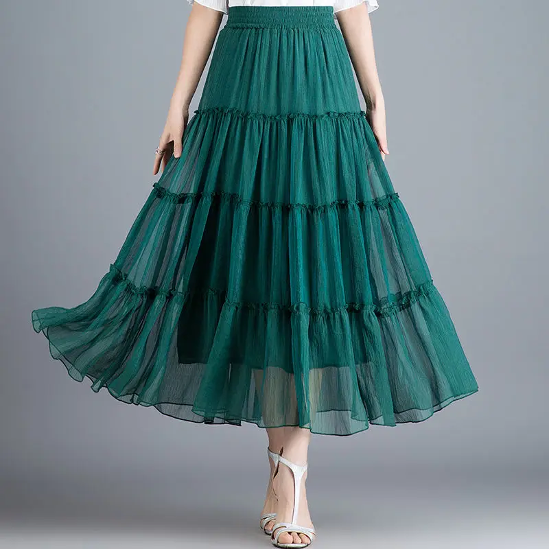 

Женская плиссированная шифоновая юбка, повседневная однотонная длинная юбка Макси до щиколотки с высокой талией, модель L660 на осень
