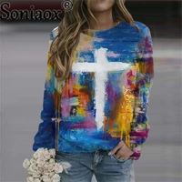 2021 new round neck loose hoodies women casual fashion long sleeve cross printed hooded sweatshirts female winter warm pullovers