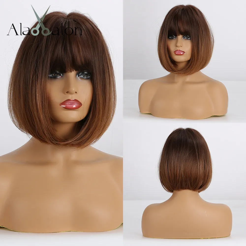 

ALAN EATON Short Straight Ombre Brown Honey Blonde Synthetic Wigs With Bangs for Women Bob Wig Heat Resistant bobo Hairstyle