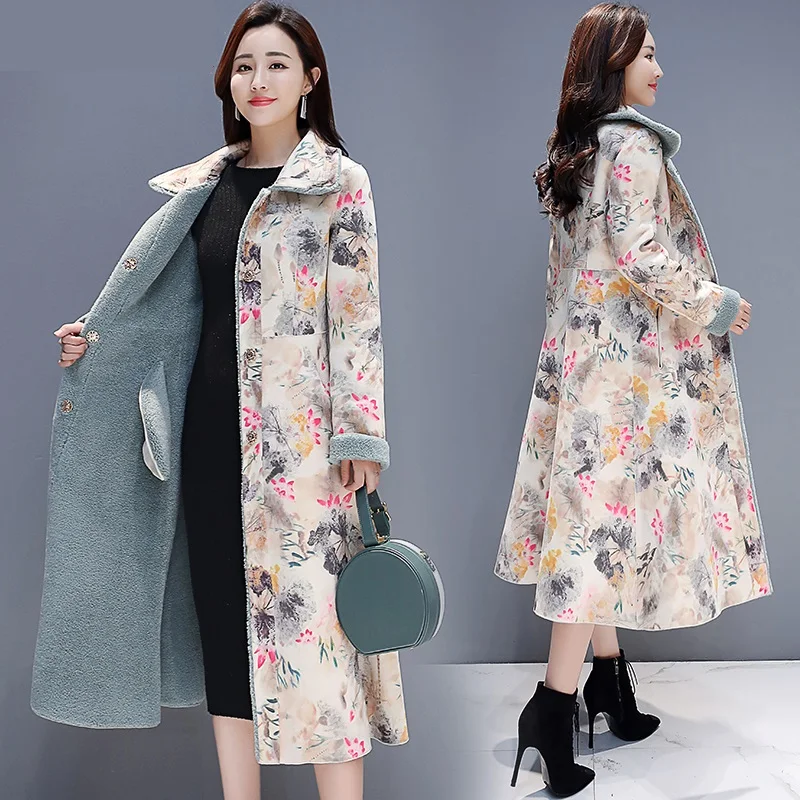 2019 Новая женская зимняя куртка длинное замшевое хлопковое пальто с принтом из