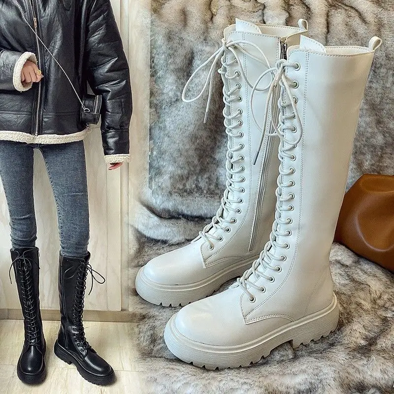 

2021 new Long Boots Women Genuine Cow Leather Knee High Boots Buckle Side Zipper Round Toe Lady Winter Shoes Handmade